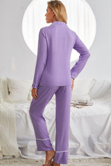 Contrast Lapel Collar Shirt and Pants Pajama Set with Pockets - Flyclothing LLC