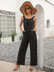 Round Neck Sleeveless Jumpsuit with Pockets - Flyclothing LLC