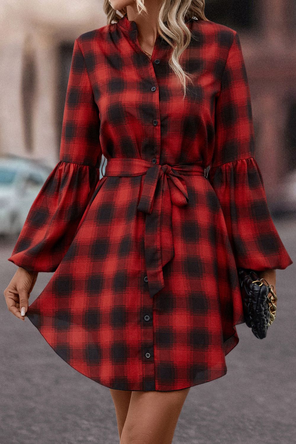 Plaid Tie Waist Balloon Sleeve Mini Dress - Flyclothing LLC