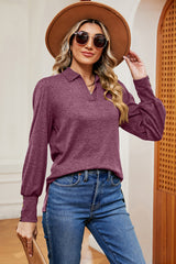 Decorative Button Johnny Collar Lantern Sleeve Blouse - Flyclothing LLC