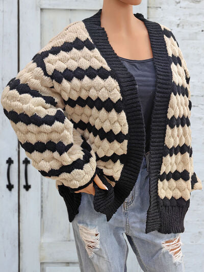 Striped Contrast Open Front Long Sleeve Cardigan - Flyclothing LLC