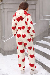 Fuzzy Heart Zip Up Hooded Lounge Jumpsuit - Flyclothing LLC