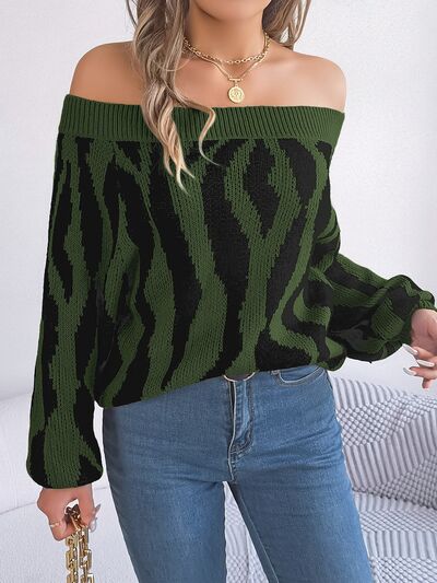 Off-Shoulder Animal Print Long Sleeve Sweater - Flyclothing LLC