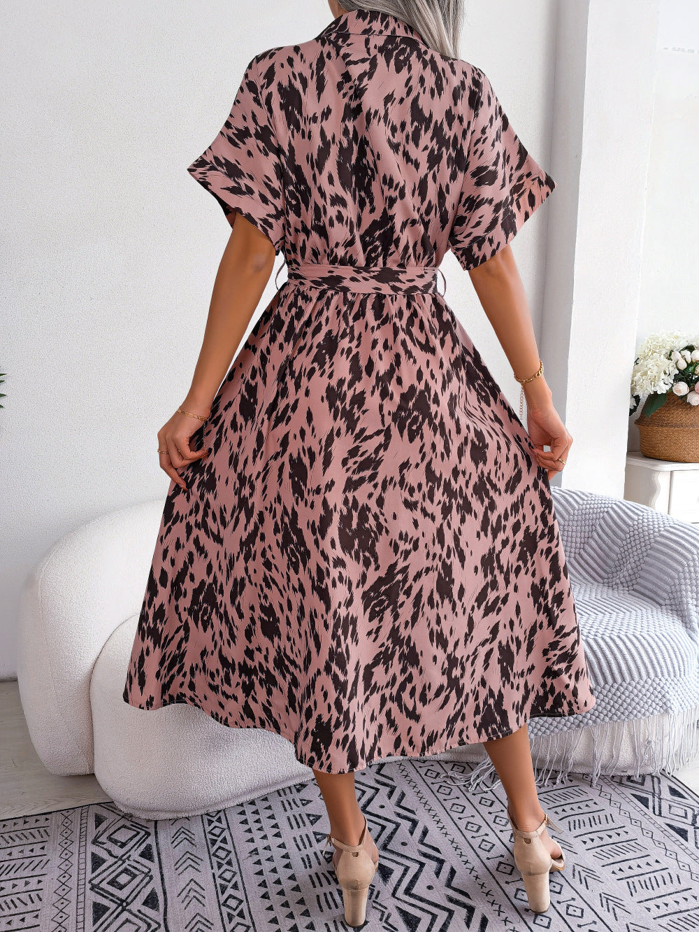 Printed Collared Neck Short Sleeve Tie Waist Dress - Flyclothing LLC