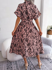 Printed Collared Neck Short Sleeve Tie Waist Dress - Flyclothing LLC