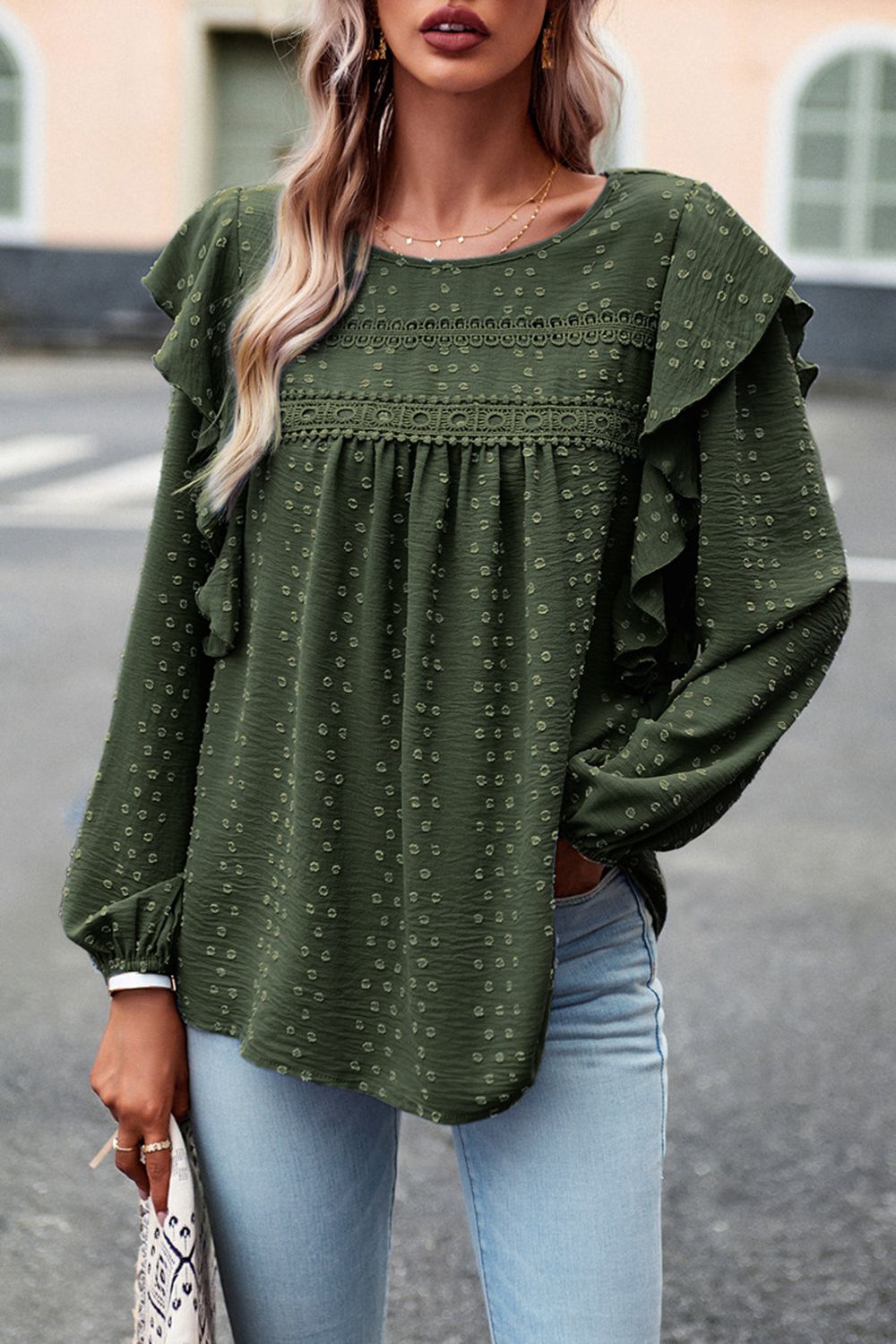 Ruffle Trim Balloon Sleeve Blouse - Flyclothing LLC