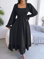 Smocked Square Neck Flounce Sleeve Dress - Flyclothing LLC