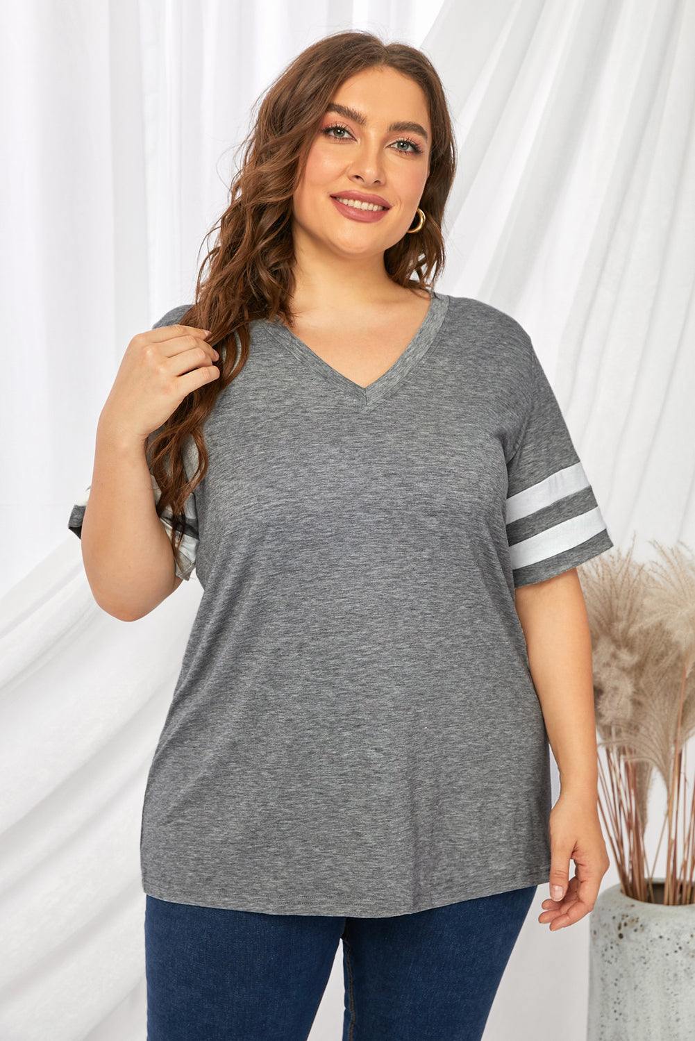 Plus Size Striped V-Neck Tee Shirt - Flyclothing LLC