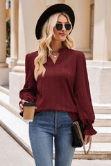 Notched Neck Flounce Sleeve Blouse - Flyclothing LLC