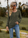 Round Neck Button-Down Long Sleeve Tee - Trendsi