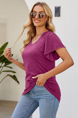 Smocked Round Neck Flutter Sleeve T-Shirt - Flyclothing LLC