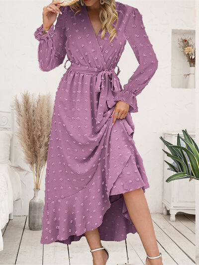 Swiss Dot Tie Waist Flounce Sleeve Dress - Flyclothing LLC