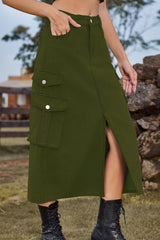 Slit Front Midi Denim Skirt with Pockets - Flyclothing LLC