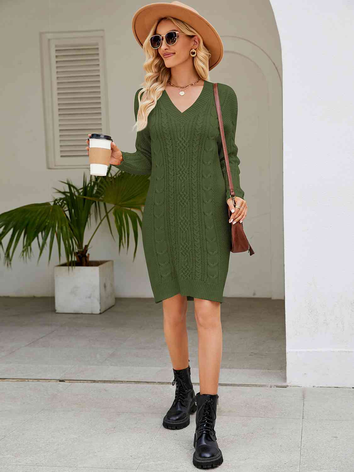 Cable-Knit V-Neck Mini Sweater Dress - Flyclothing LLC