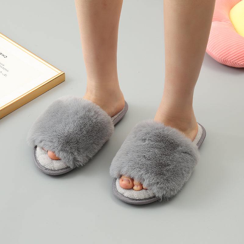 Grey fluffy open toe hot sale slippers