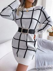 Plaid Round Neck Dropped Shoulder Sweater Dress - Flyclothing LLC