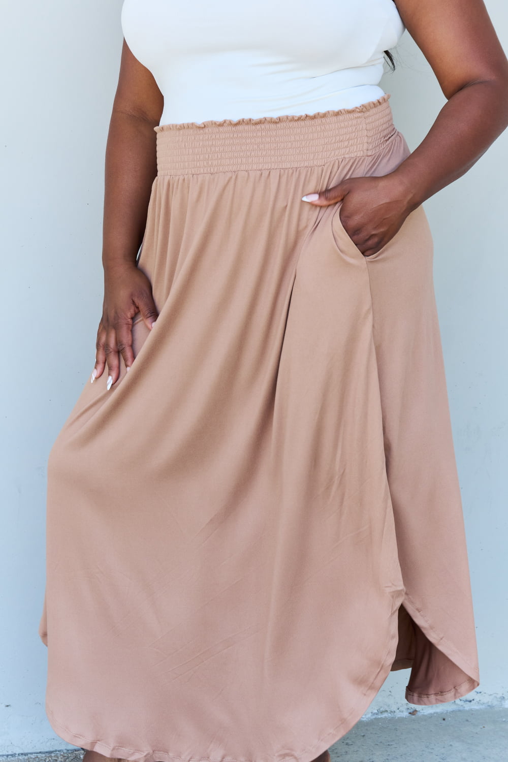 Doublju Comfort Princess Full Size High Waist Scoop Hem Maxi Skirt in Tan - Flyclothing LLC