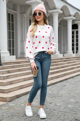 Polka Dot Round Neck Dropped Shoulder Sweater - Flyclothing LLC