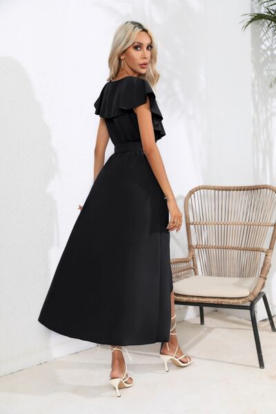 Ruffled Tied V-Neck Midi Dress - Flyclothing LLC