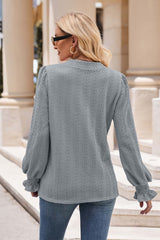 Notched Neck Flounce Sleeve Blouse - Flyclothing LLC