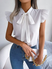 Tie  Neck Cap Sleeve Blouse - Flyclothing LLC