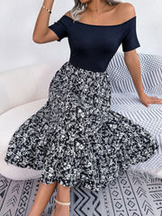 Printed Off-Shoulder Ruffle Hem Dress - Flyclothing LLC