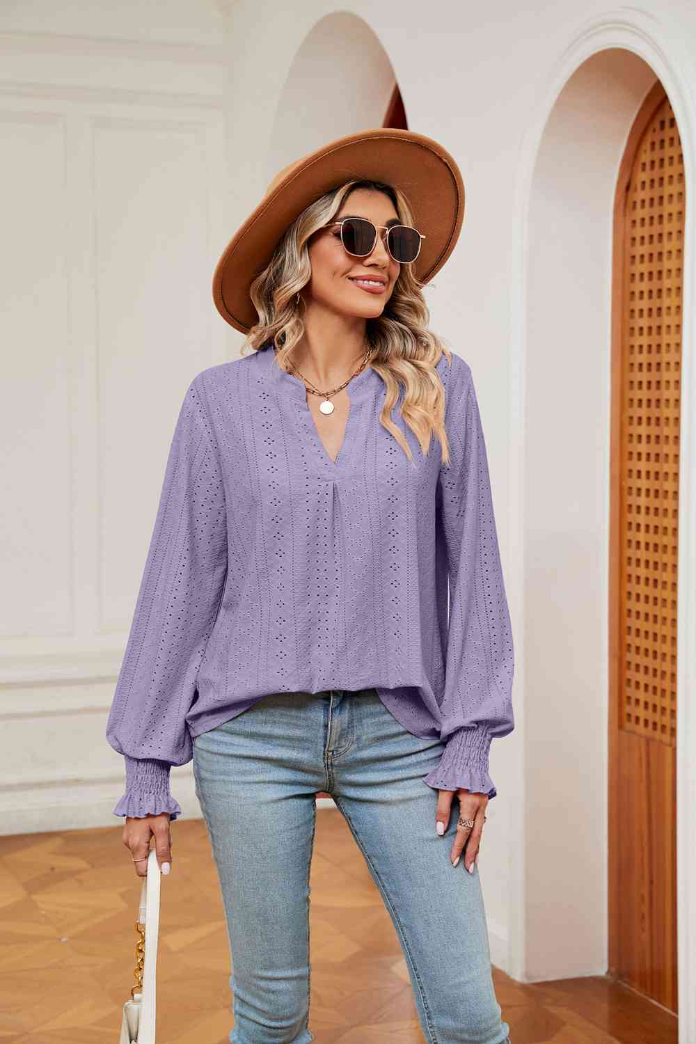 Notched Neck Flounce Sleeve Blouse - Flyclothing LLC