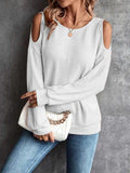 Round Neck Cold-Shoulder Waffle-Knit Top - Trendsi