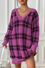 Plaid V-Neck Long Sleeve Sweater Dress - Flyclothing LLC