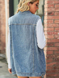 Collared Neck Sleeveless Denim Top with Pockets - Trendsi