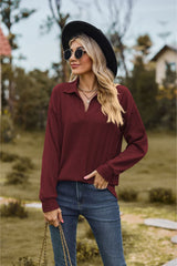 Collared Neck Cable-Knit Long Sleeve Blouse - Flyclothing LLC