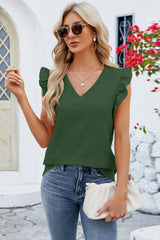 Ruffled V-Neck Cap Sleeve Blouse - Flyclothing LLC