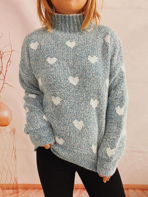 Heart Heathered Turtleneck Drop Shoulder Sweater - Flyclothing LLC