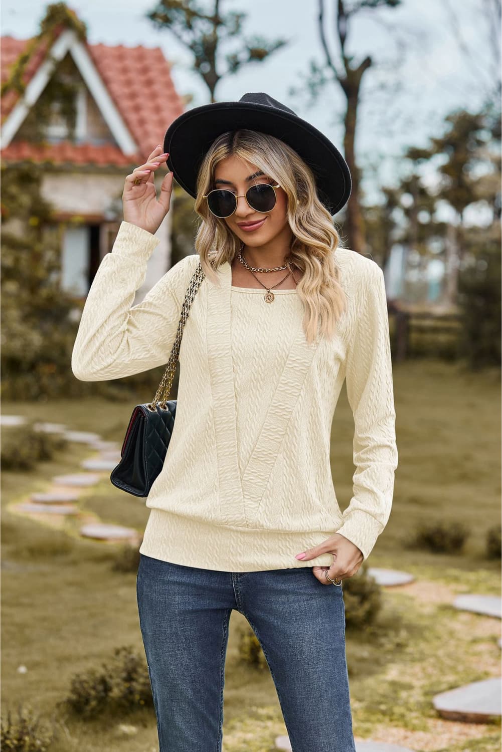 Square Neck Long Sleeve Blouse - Flyclothing LLC