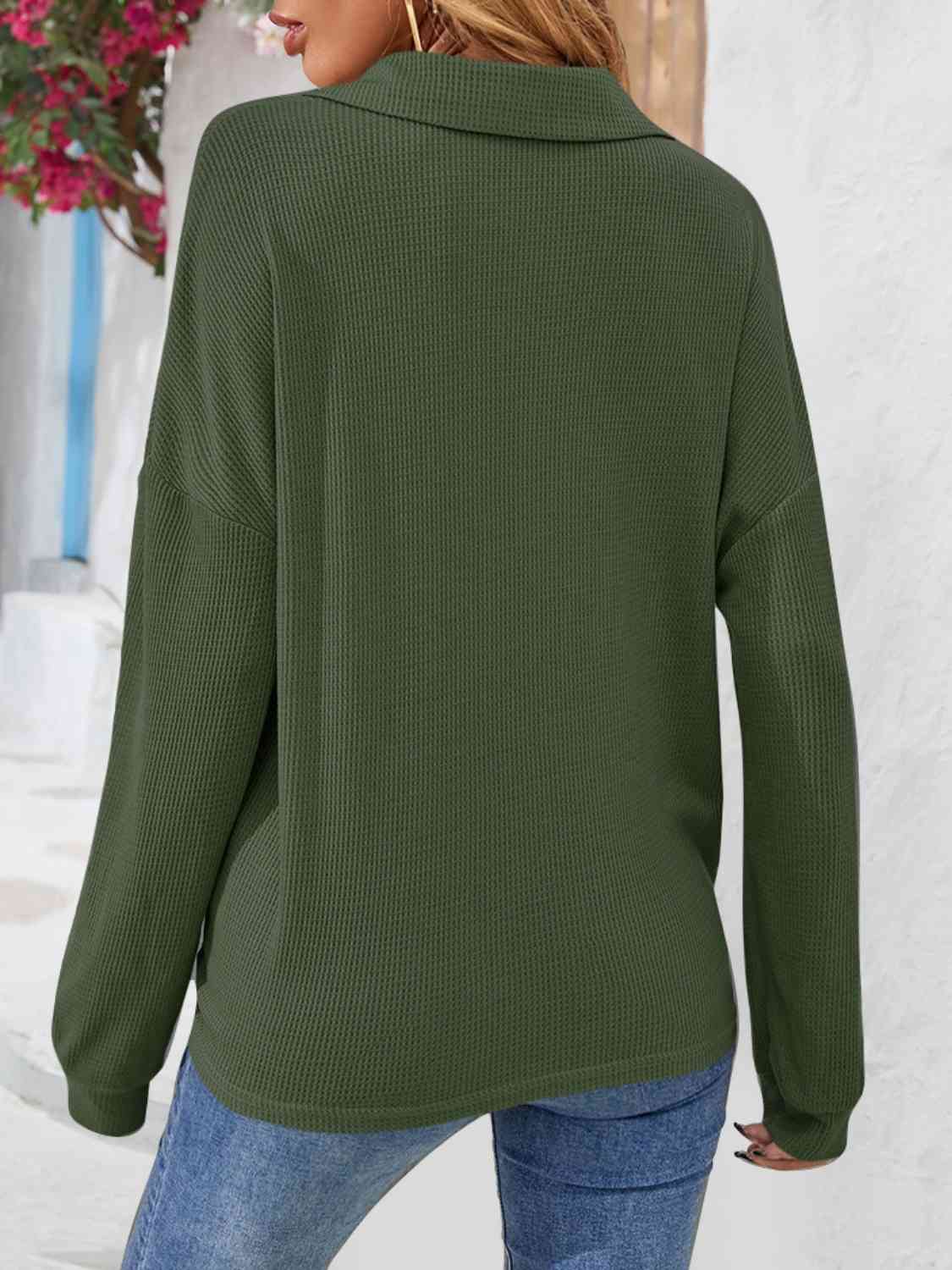 Half Button Collared Neck Long Sleeve Top - Flyclothing LLC