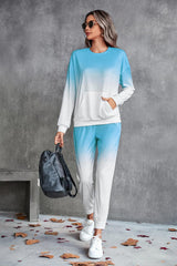 Gradient Round Neck Sweatshirt and Joggers Set - Flyclothing LLC