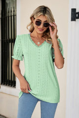 Eyelet Flounce Sleeve Scalloped V-Neck Top - Flyclothing LLC