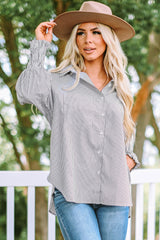 Striped Lantern Sleeve Collared Shirt - Flyclothing LLC