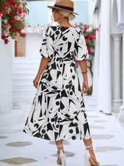 Printed Surplice Balloon Sleeve Dress - Flyclothing LLC