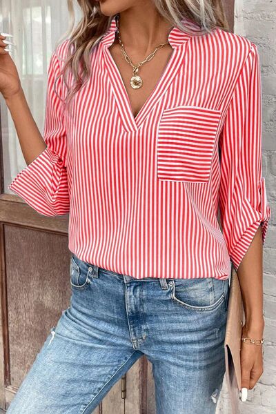 Striped Notched Roll-Tab Sleeve Shirt - Flyclothing LLC