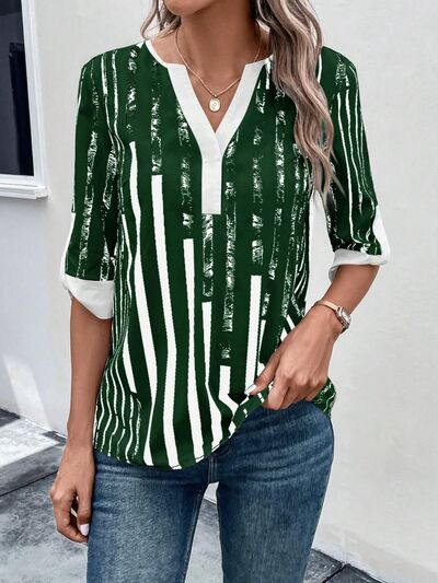 Striped Notched Half Sleeve Blouse - Flyclothing LLC