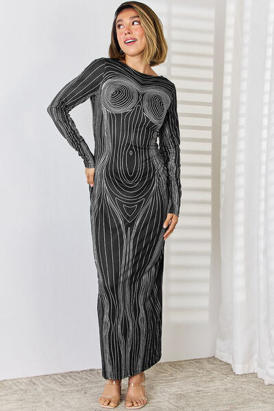 Cutout Round Neck Long Sleeve Maxi Dress - Flyclothing LLC