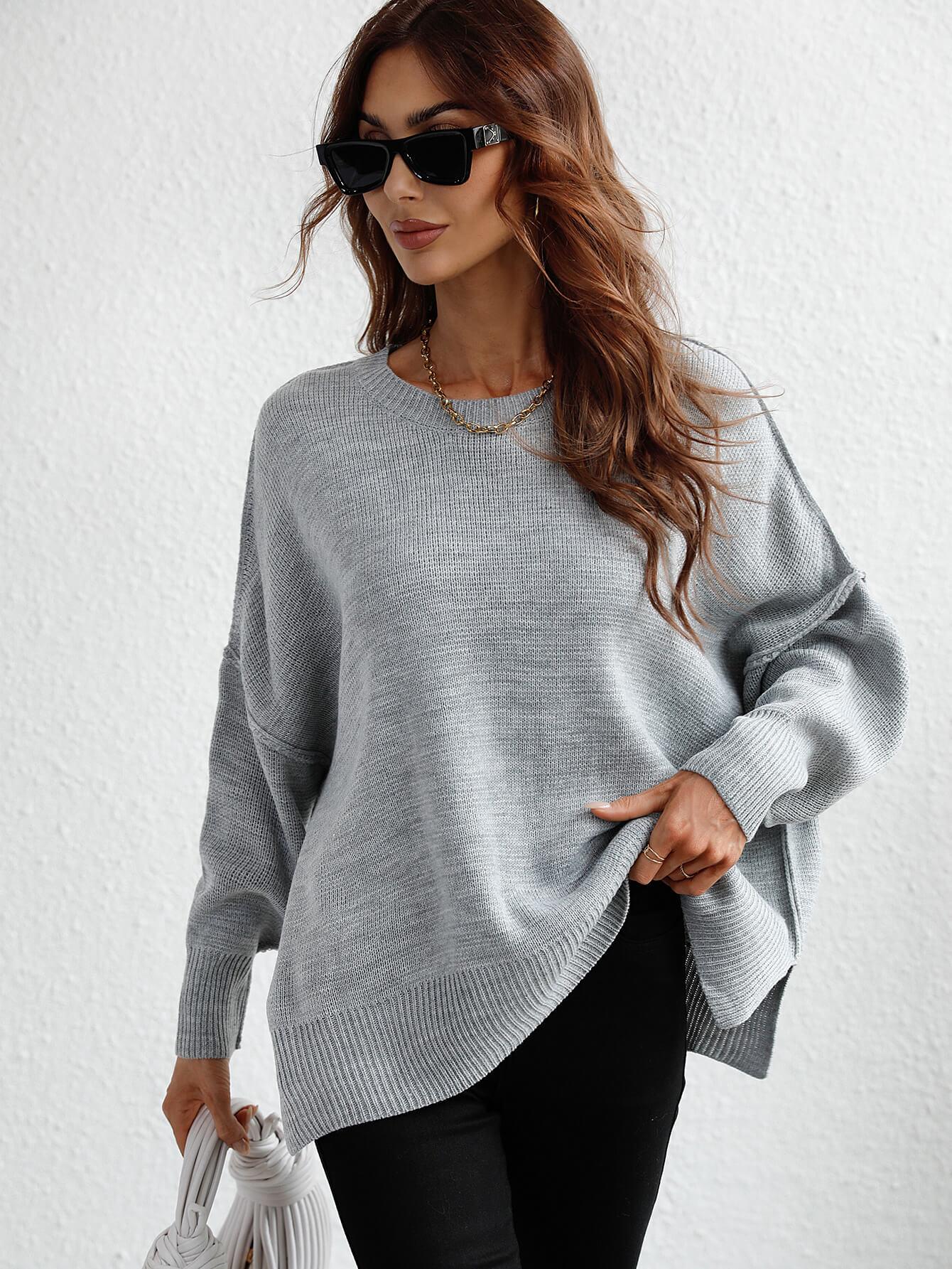 Exposed Seam Dropped Shoulder Slit Sweater - Trendsi