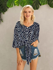 Tied Printed Button Up V-Neck Blouse - Flyclothing LLC