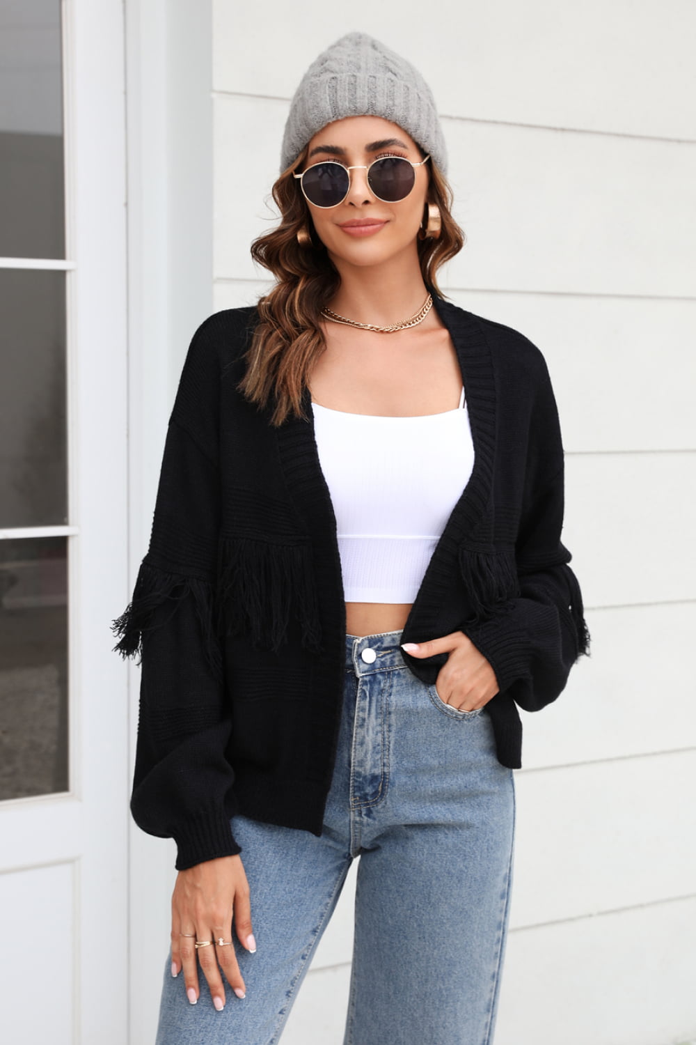 Fringe Trim Open Front Cardigan - Flyclothing LLC