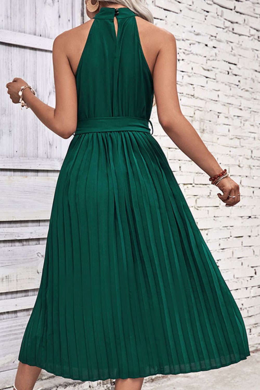 Tie Belt Pleated Midi Dress - Flyclothing LLC