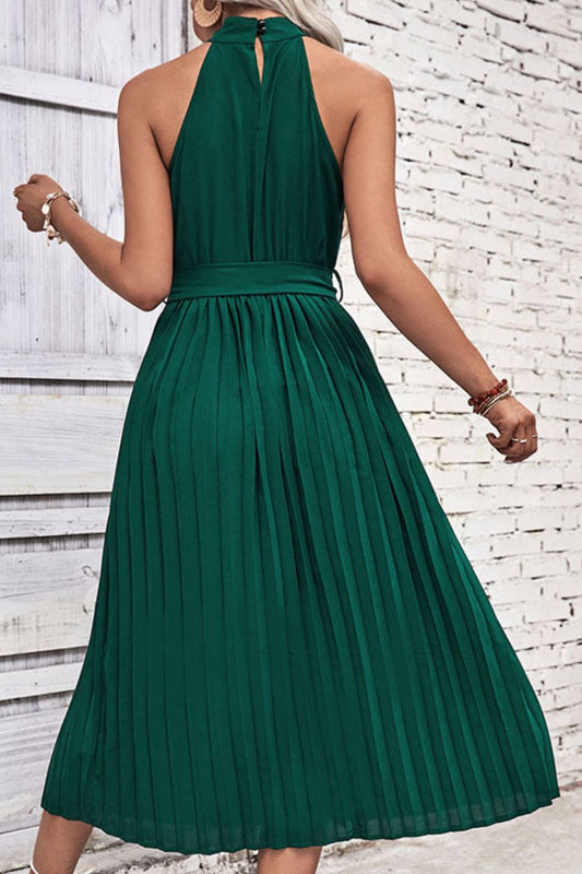 Tie Belt Pleated Midi Dress - Flyclothing LLC