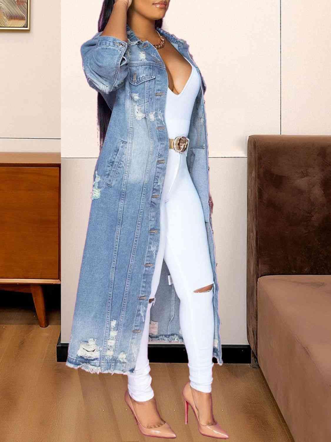 Long Sleeve Raw Hem Denim Jacket - Flyclothing LLC