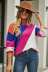 Color Block Round Neck Long Sleeve Sweater - Trendsi