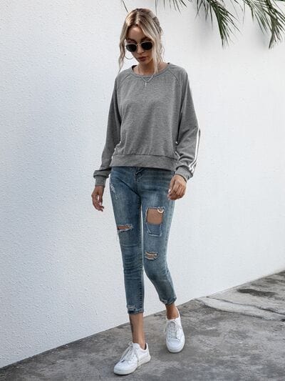 Lace-Up Round Neck Long Sleeve Sweatshirt - Trendsi